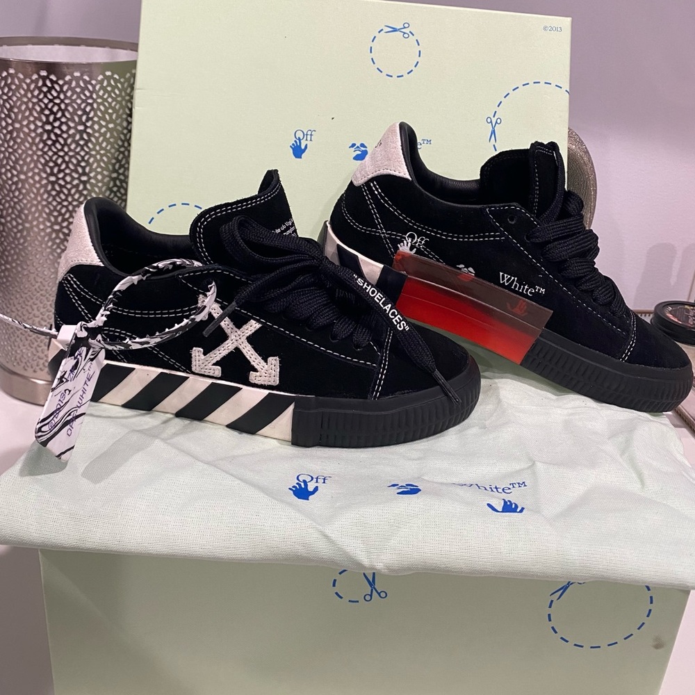 Off-White Striped Canvas & Suede Sneakers